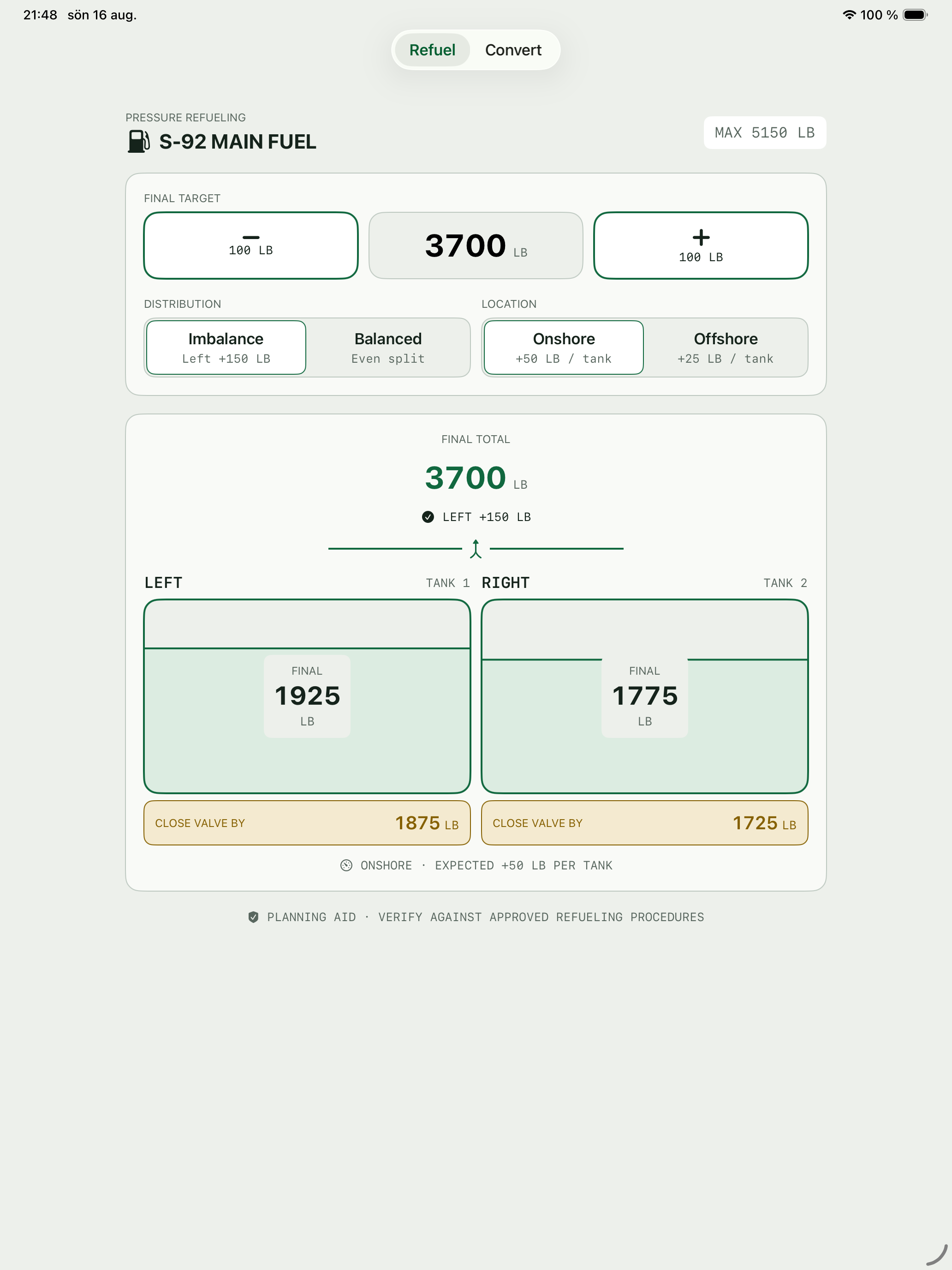 Fuel Imbalance refueling plan on iPad